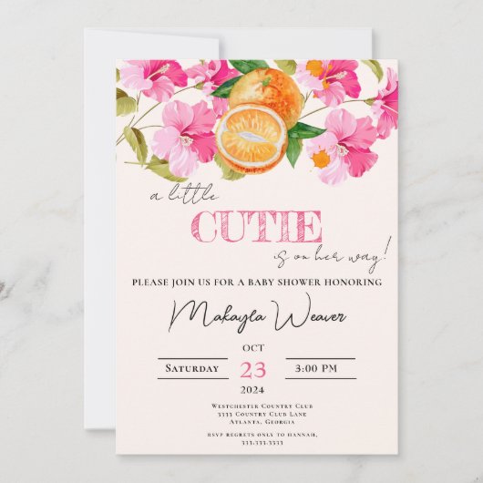 小さなかわいこちゃんがオレンジ色の赤ちゃんシャワーの途中にある 招待状 (正面)