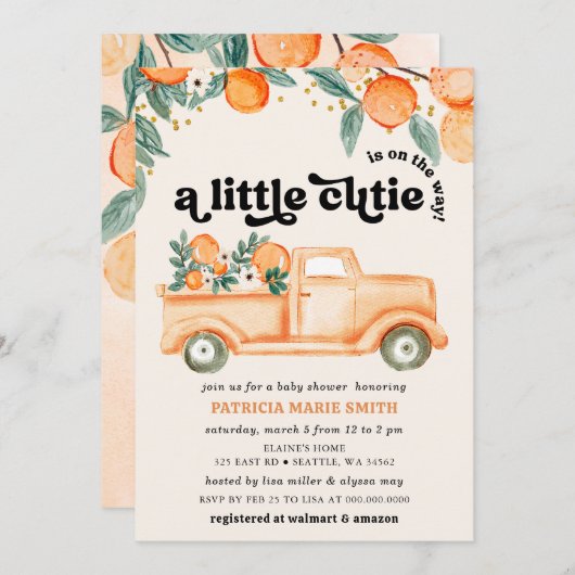 小さなかわいこちゃんがオレンジ色の赤ちゃんシャワーの途中にある 招待状 (正面/裏面)