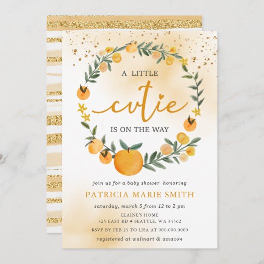 小さなかわいこちゃんがオレンジ色の赤ちゃんシャワーの途中にある 招待状 (正面/裏面)