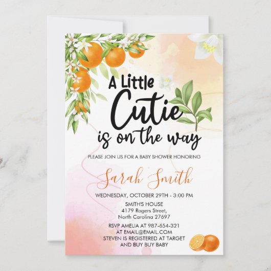 小さなかわいこちゃんがオレンジ色の赤ちゃんシャワーの途中にある 招待状 (正面)