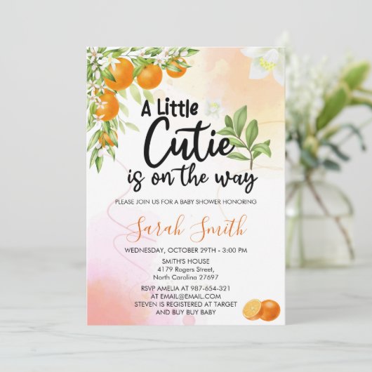 小さなかわいこちゃんがオレンジ色の赤ちゃんシャワーの途中にある 招待状 (スタンド正面)