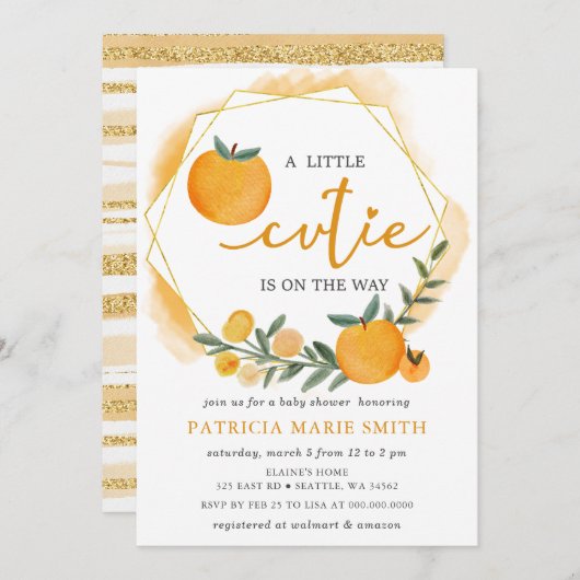 小さなかわいこちゃんがオレンジ色の赤ちゃんシャワーの途中にある 招待状 (正面/裏面)