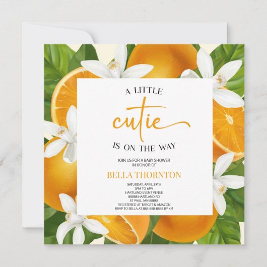 小さなかわいこちゃんがオレンジ色の赤ちゃんシャワーの途中にある 招待状 (正面)