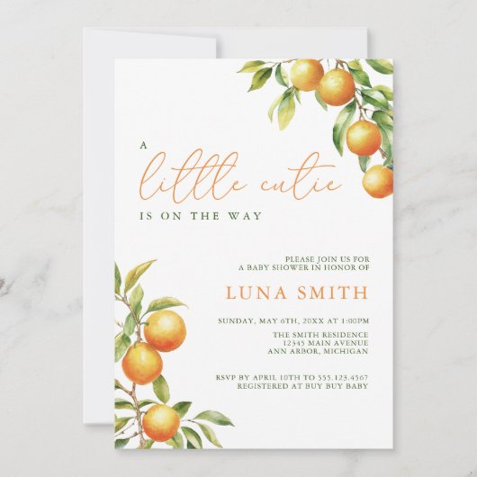 小さなかわいこちゃんがオレンジ色の赤ちゃんシャワーの途中にある 招待状 (正面)