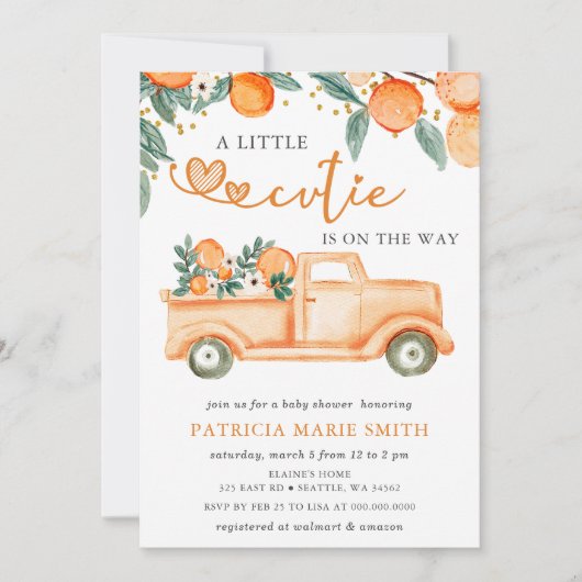 小さなかわいこちゃんがオレンジ色の赤ちゃんシャワーの途中にある 招待状 (正面)