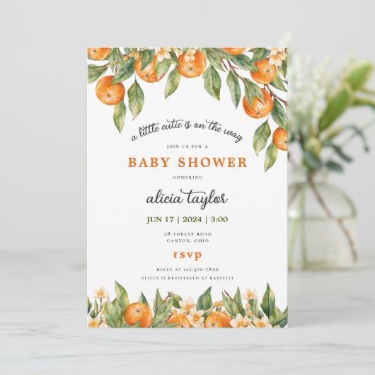 小さなかわいこちゃんがオレンジ色の赤ちゃんシャワーを浴びる 招待状 (スタンド正面)