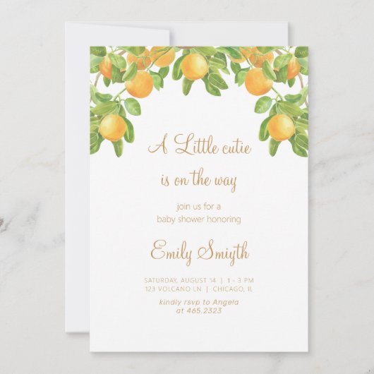 小さなかわいこちゃんがオレンジ色の赤ちゃんシャワーを浴びる 招待状 (正面)