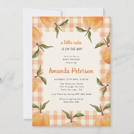 小さなかわいこちゃんがオレンジ色の赤ちゃんシャワーを浴びる 招待状 (正面)