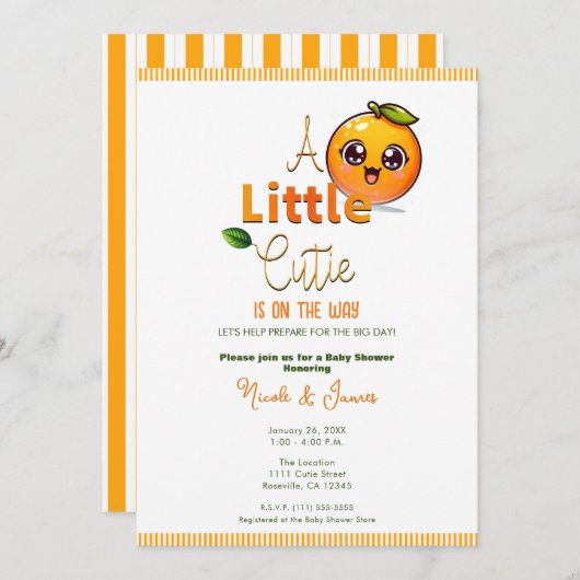 小さなかわいこちゃんがオレンジ色の赤ちゃんシャワーを浴びる 招待状 (正面/裏面)