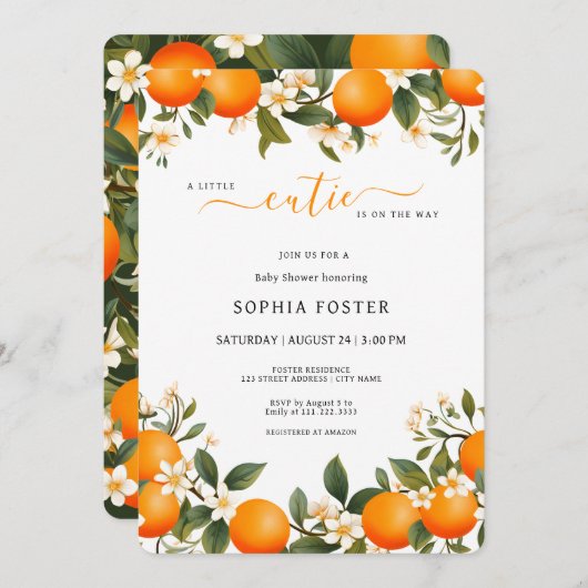 小さなかわいこちゃんがオレンジ色の赤ちゃんシャワーを浴びる 招待状 (正面/裏面)