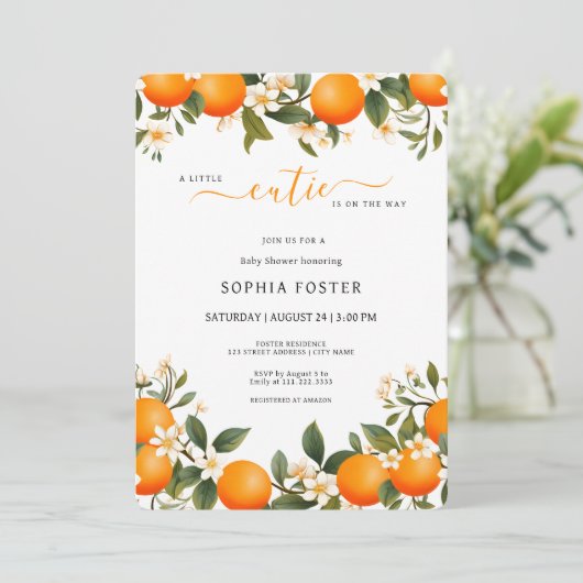 小さなかわいこちゃんがオレンジ色の赤ちゃんシャワーを浴びる 招待状 (スタンド正面)