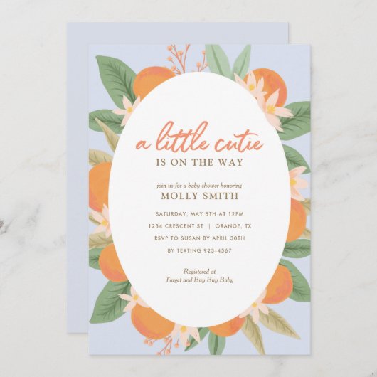 小さなかわいこちゃんがオレンジ色の赤ちゃんシャワーを浴びる 招待状 (正面/裏面)