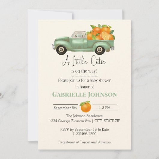 小さなかわいこちゃんがオレンジ色の赤ちゃんシャワーを浴びる 招待状 (正面)