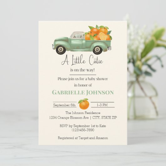 小さなかわいこちゃんがオレンジ色の赤ちゃんシャワーを浴びる 招待状 (スタンド正面)