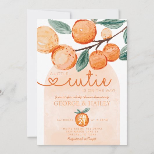 小さなかわいこちゃんがオレンジ色の赤ちゃんシャワーを浴びる 招待状 (正面)