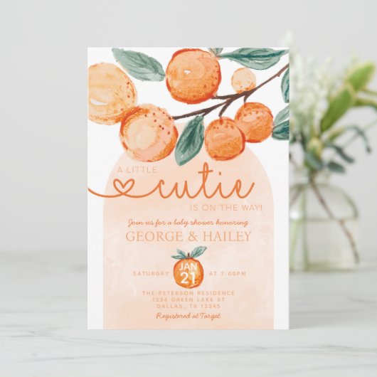 小さなかわいこちゃんがオレンジ色の赤ちゃんシャワーを浴びる 招待状 (スタンド正面)