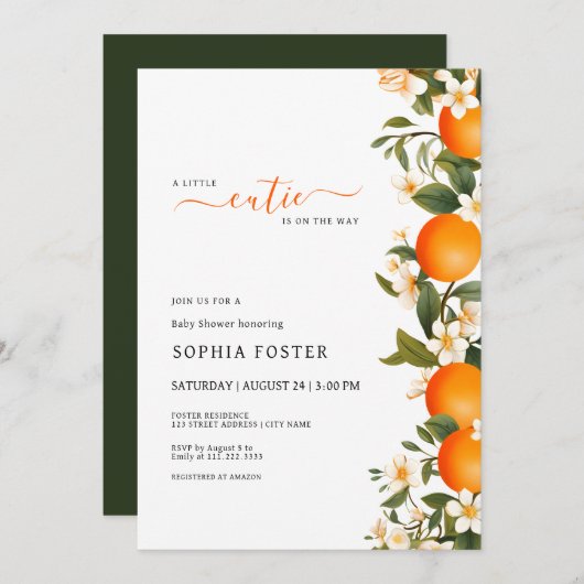 小さなかわいこちゃんがオレンジ色の赤ちゃんシャワーを浴びる 招待状 (正面/裏面)