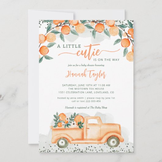 小さなかわいこちゃんがオレンジ色の赤ちゃんシャワーを浴びる 招待状 (正面)