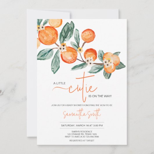 小さなかわいこちゃんがオレンジ色の赤ちゃんシャワーを浴びる 招待状 (正面)