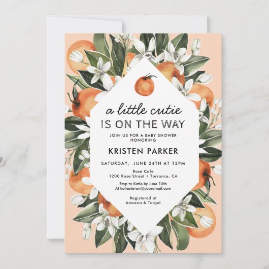 小さなかわいこちゃんがオレンジ色の赤ちゃんシャワーを浴びる 招待状 (正面)