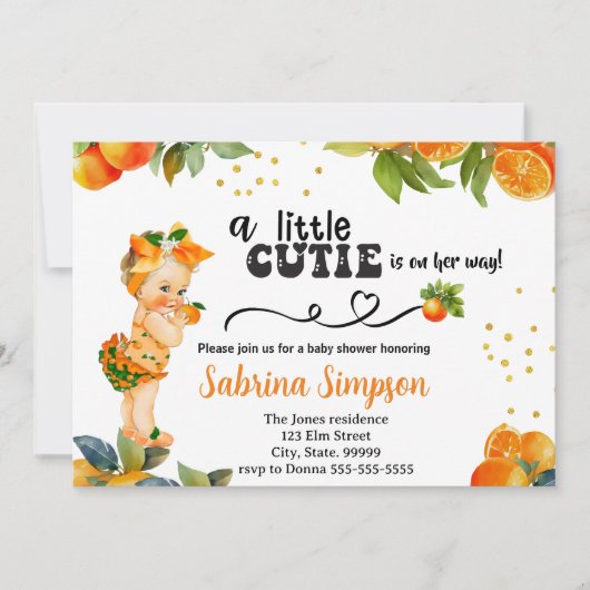 小さなかわいこちゃんがオレンジ色の赤ちゃんシャワーを途中にある 招待状 (正面)