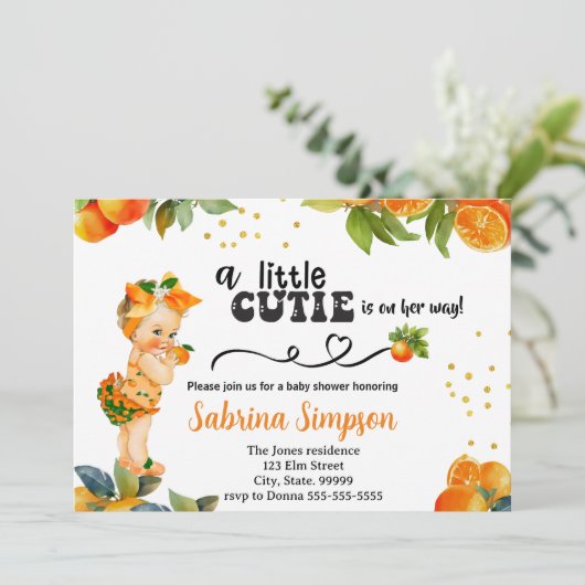 小さなかわいこちゃんがオレンジ色の赤ちゃんシャワーを途中にある 招待状 (スタンド正面)