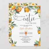 小さなかわいこちゃんがオレンジ色の赤ちゃんシャワーIの途中にある 招待状 (正面/裏面)