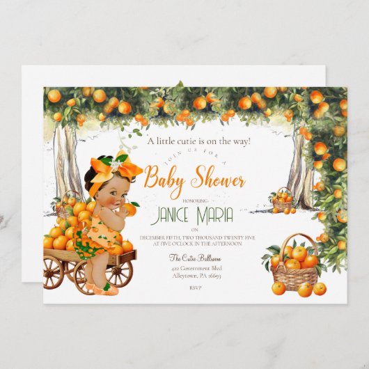 小さなかわいこちゃんが赤ちゃんシャワーの招待に向かっている 招待状 (正面/裏面)