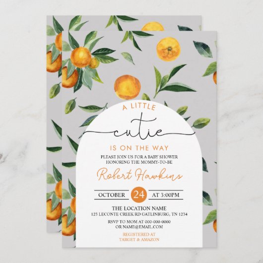 小さなかわいこちゃんが赤ちゃんシャワーの招待に向かっている 招待状 (正面/裏面)