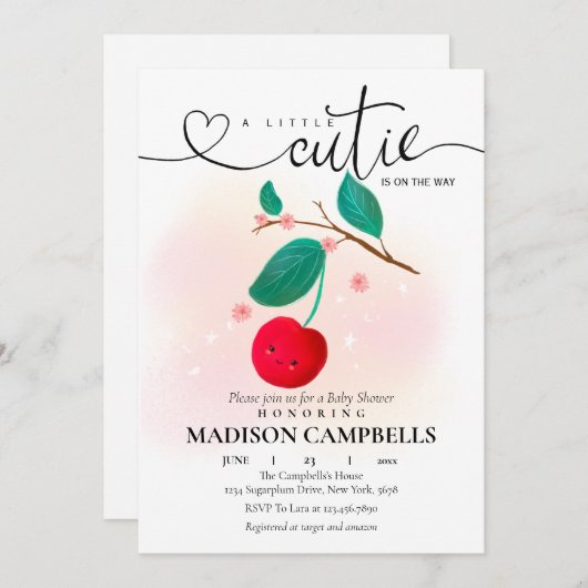 小さなかわいこちゃんが途中さくらんぼ招待状 招待状 (正面/裏面)