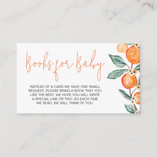 小さなかわいこちゃんが途中にあるオレンジ色の本のベビー エンクロージャーカード (正面)