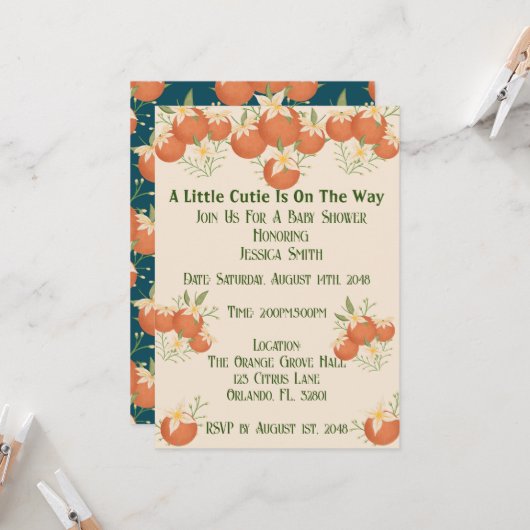 小さなかわいこちゃんが途中にある – オレンジ色の花 – ティール（緑がかった色） 招待状 (正面/裏面インサイチュ)
