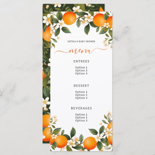 小さなかわいこちゃんがTangerine赤ちゃんシャワーに向かっている メニュー (正面/裏面)