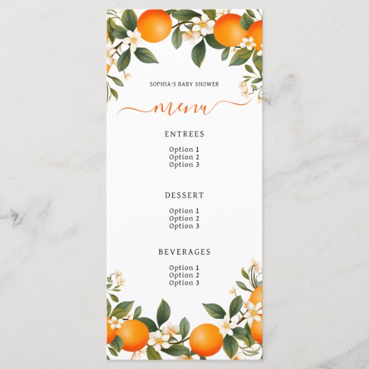 小さなかわいこちゃんがTangerine赤ちゃんシャワーに向かっている メニュー (正面)