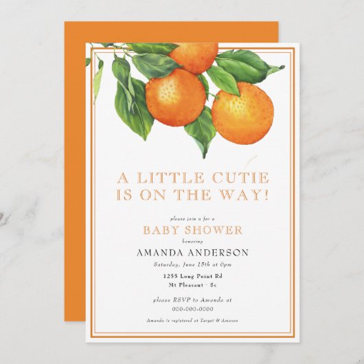 小さなかわいこちゃんのオレンジ男女兼用のベビーシャワー 招待状 (正面/裏面)