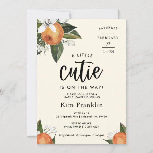 小さなかわいこちゃんのクレメンチン男女兼用シャワー 招待状 (正面)