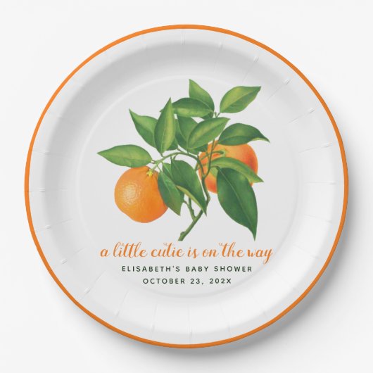 小さなかわいこちゃんの赤ちゃんシャワーオレンジの柑橘系葉の ペーパープレート (正面)