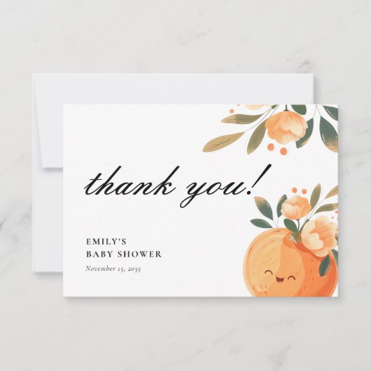小さなかわいこちゃんは柑橘系の赤ちゃんシャワーの途中にある サンキューカード (正面)