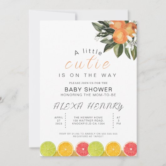 小さなかわいこちゃんは柑橘系の赤ちゃんシャワーの途中にある 招待状 (正面)