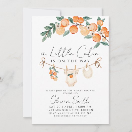 小さなかわいこちゃんオレンジのギンガムシトラスベビーシャワー 招待状 (正面)