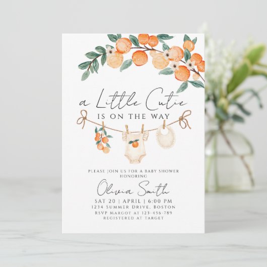 小さなかわいこちゃんオレンジのギンガムシトラスベビーシャワー 招待状 (スタンド正面)