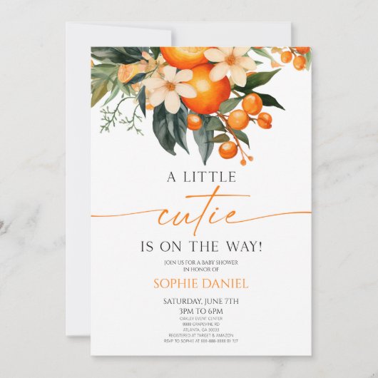 小さなかわいこちゃんオレンジの柑橘系フローラベビーシャワー 招待状 (正面)