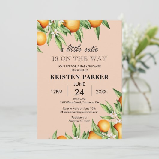 小さなかわいこちゃんオレンジ色のピンク色の赤ちゃんシャワー 招待状 (スタンド正面)