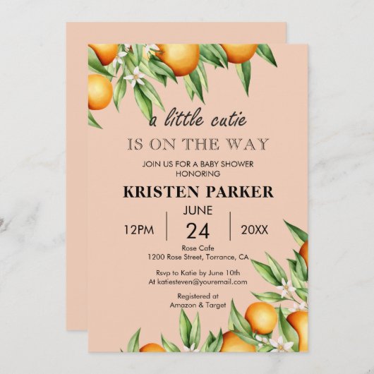 小さなかわいこちゃんオレンジ色のピンク色の赤ちゃんシャワー 招待状 (正面/裏面)