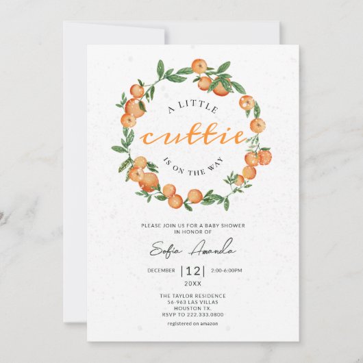 小さなかわいこちゃんオレンジ色の円フレーム赤ちゃんシャワー 招待状 (正面)
