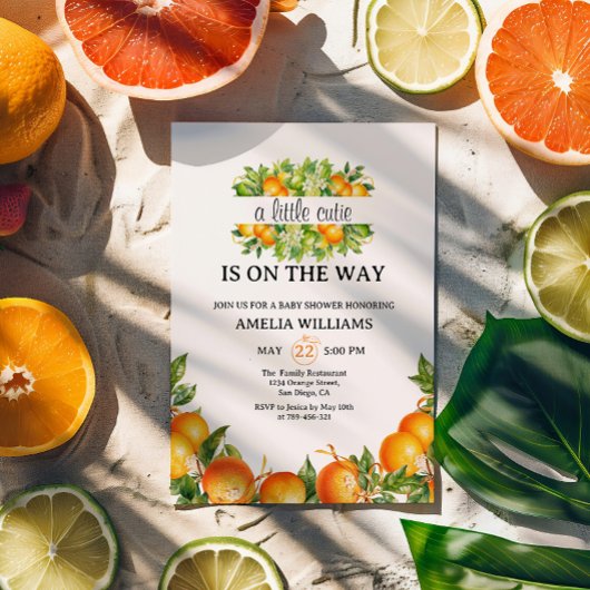 小さなかわいこちゃんオレンジ色の花の緑の赤ちゃんシャワー 招待状