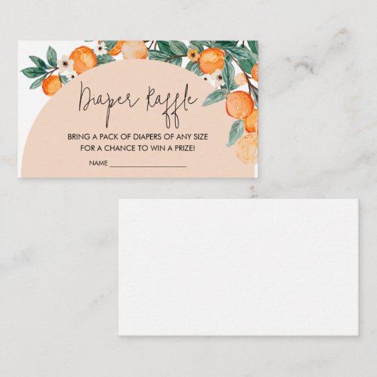 小さなかわいこちゃんオレンジ色の赤ちゃんシャワーおむつラッフル エンクロージャーカード (正面/裏面)