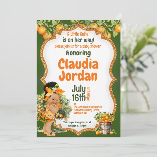 小さなかわいこちゃんオレンジ色の赤ちゃんシャワー招待状 カード (スタンド正面)