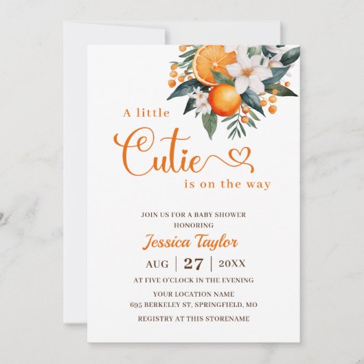 小さなかわいこちゃんオレンジ色の赤ちゃんシャワー招待状 招待状 (正面)