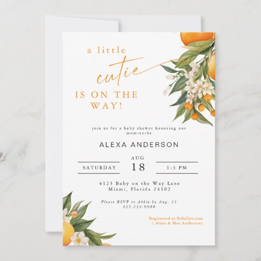 小さなかわいこちゃんオレンジ色の赤ちゃんシャワー招待状 招待状 (正面)